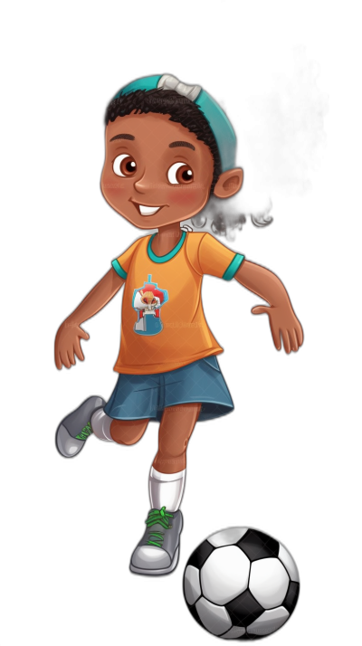 cartoon illustration of an African American girl soccer player, full body character design, black background, wearing an orange t-shirt and blue skirt with white socks and green shoes, she has dark brown skin color and hair in a ponytail style, she is smiling and holding a ball under her arm, in the style of Disney Pixar cartoon art.