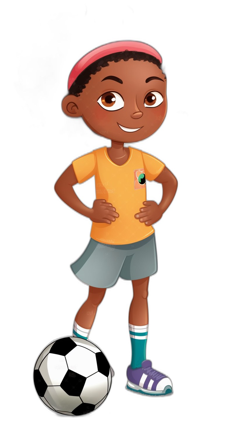 An African American cartoon boy character, with short hair and a pink headband, wearing a soccer uniform and shoes, standing pose, black background, in the style of Pixar, full body, cartoon illustration, high resolution, with a ball on the floor.