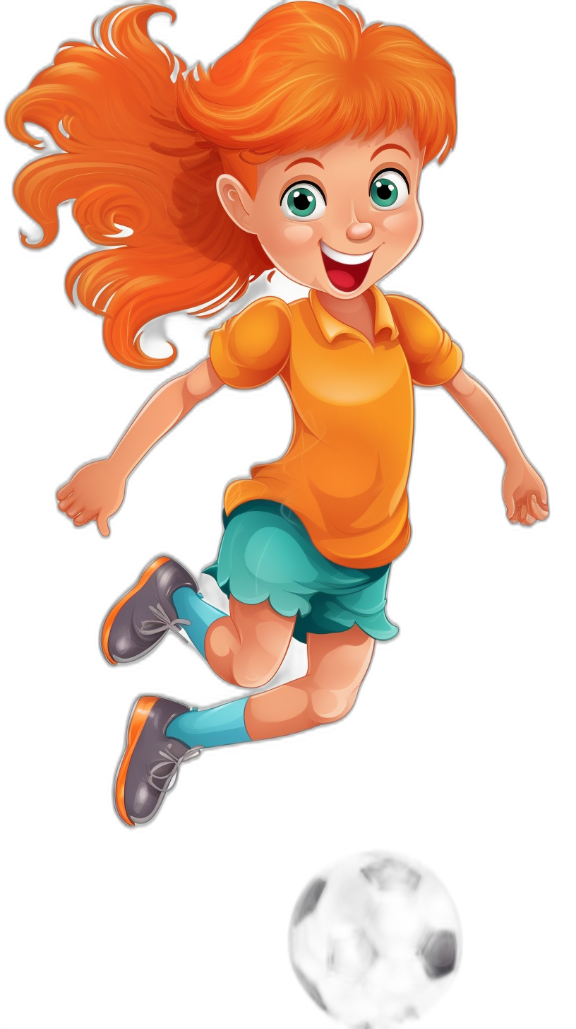 cartoon style of a little girl with orange hair in a soccer outfit, playing soccer with a black background, in the style of 2d cartoon game art, bright colorful outfit and shoes, green eyes, jumping up high with a smiling face