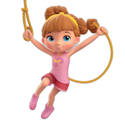 A cute little girl is hanging on the rope, wearing pink sportswear and white shoes, with a Disney style cartoon character design. Black background. Full body shot. She has brown hair in two ponytails tied into pigtails, big eyes, bright smile, hands holding ropes, suspended above her head. In the style of Pixar animation, with high definition details, 3D rendering, full body portrait, bright colors, and lively movements.