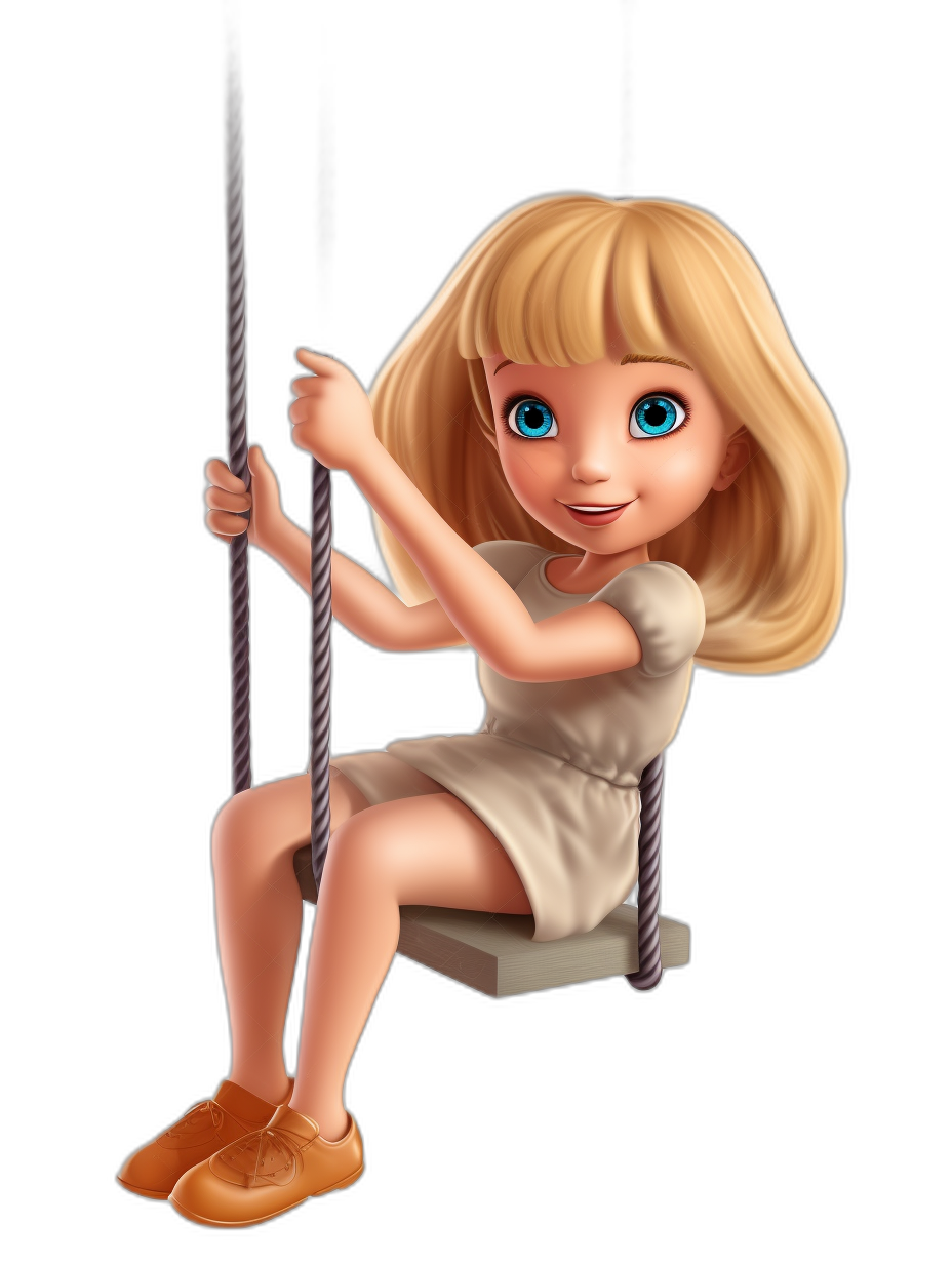 A little girl with blue eyes and shoulder-length blonde hair, wearing an off-white dress with straps hanging from black ropes while sitting facing forward on a swing, full body, in the style of Pixar style cartoon character, cartoon character concept art, 3D render, on a black background, high resolution, high detail, high quality, high sharpness, hyper realistic.