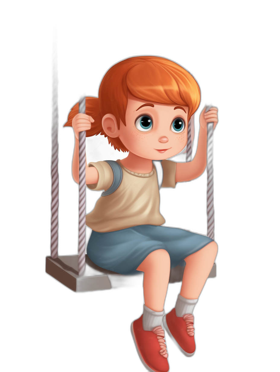 A cute little girl with short red hair is sitting on the swing, wearing blue shorts and white socks on her feet. She has a black background with a simple design in the style of Pixar. It is a flat illustration like 2D game art with a cartoon character design. The image has high quality, high resolution on a solid color background without shadows. It has high detail, high contrast and is high definition with a high dynamic range.