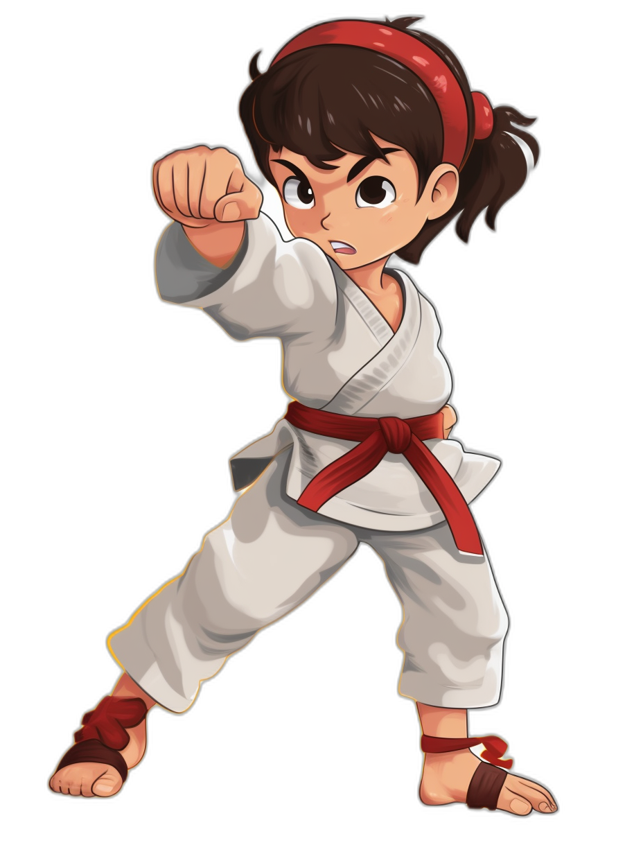 A young girl dressed in a white karate outfit with a red belt, ready to fight. She has short brown hair and is wearing a headband. The illustration style should be cartoonish with bold lines and vibrant colors typical of classic video game graphics. Her pose radiates confidence as she stands poised for the next battle. Black background, with no shadows.