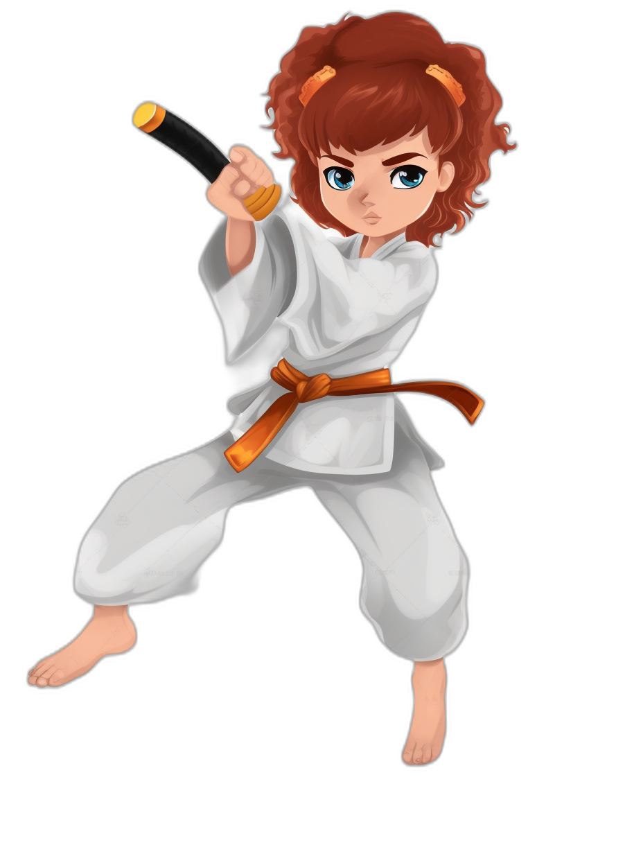 A young girl with curly brown hair in a white karate outfit, doing a leg winner kick, blue eyes and an orange belt holding a black baton. A full body cartoon character design on a solid background in the style of a cute style, 2D game art, vector illustration, simple, cute, low detail, bold color palette, flat shading, no shadows, clipart, isolated on a black background.