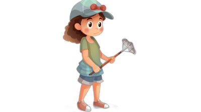 A cartoon girl holding an axe, wearing a baseball cap and shorts against a black background. Drawn in the Pixar style. The character is drawn in the style of Disney.