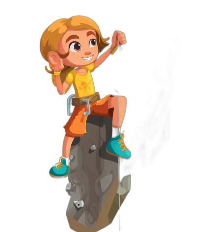 A cartoon girl climbing a rock wall, with a smiling and happy expression on her face. A full body character design with a yellow shirt, orange shorts and blue shoes, holding chalk in her hand against an isolated black background.