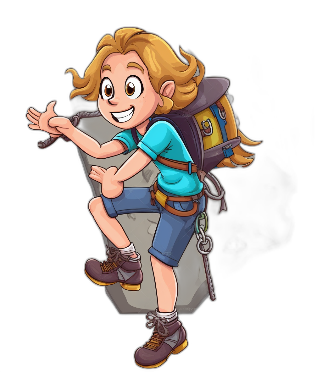 A cartoon character of an adventurous girl with blonde hair, wearing blue shorts and hiking boots, carrying climbing gear on her back while smiling at the camera. She is standing in front of a large rock on an isolated black background. The style should be vibrant and detailed, suitable for children’s book illustrations. Include elements like a climbing pick and helmet to emphasize outdoor adventure.