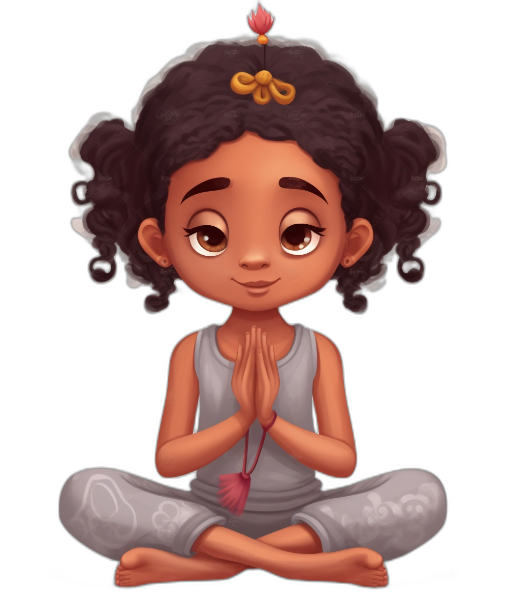 Cute little girl doing yoga in the style of Disney, with a cartoon character design. She has dark skin, curly hair and brown eyes, wearing gray as she sits in lotus position with folded hands praying above her chest on a black background. She has an orange flower-shaped ring around the middle of her head, character concept art.