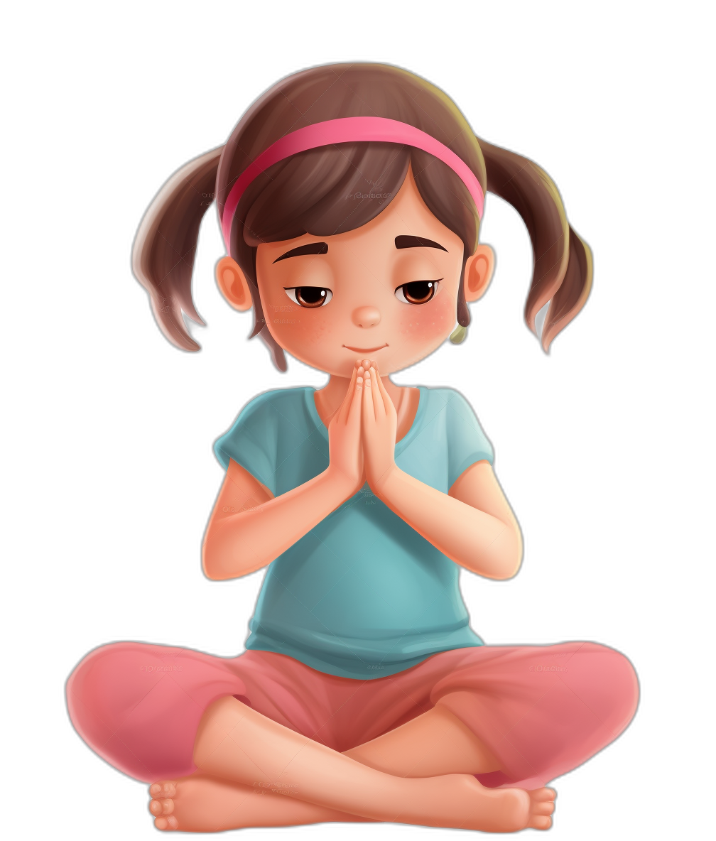 A cute little girl doing yoga in the style of cartoon, black background, full body portrait, she is wearing pink pants and a blue tshirt with pigtails on her head, hands folded in front of chest in a praying pose, simple design with simple colors, digital art.