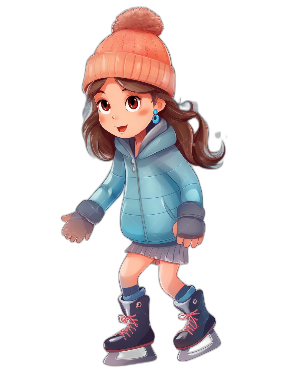 A cute girl in ice skating , wearing an orange hat and blue coat with long sleeves, dark brown hair, pink earings, skates on her feet, simple facial expressions, cartoon style, black background, full body shot, simple design, simple color scheme, simple lines, flat illustration, chibi character, 2D effect, high resolution, high quality, high details, best picture quality