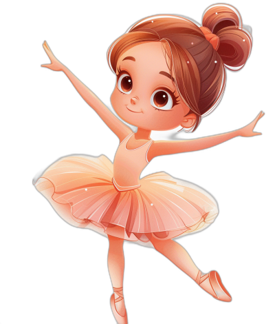 Cartoon ballerina in a peach dress, vector illustration for a children's book on a black background, full body, cute and adorable, big eyes, soft pastel colors, digital art in the style of Disney Pixar studio, cinematic lighting, high resolution, hyper detailed