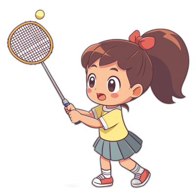 Cute chibi girl playing badminton in the style of clip art with a solid black background.