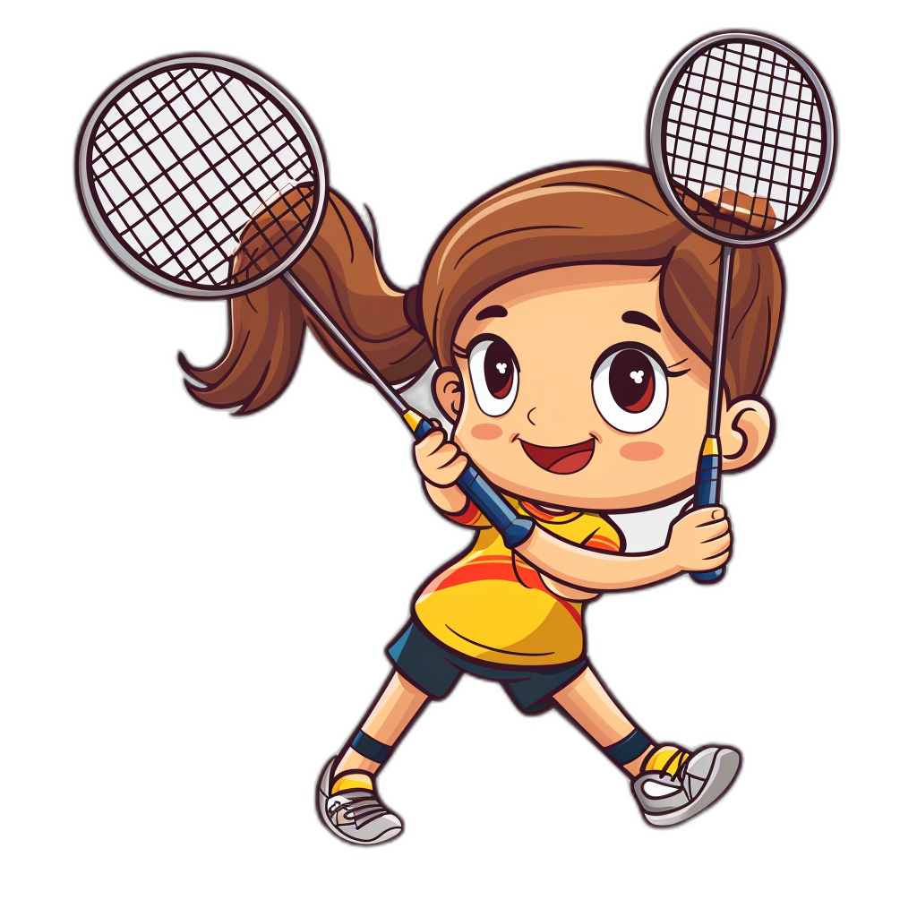 A little girl playing badminton in a vector illustration style with a black background and white outline. The simple design features a cute cartoon character with yellow T-shirt holding a shuttlecock in each hand. She has big eyes and a smiling expression in a full body shot. It is a cute avatar.