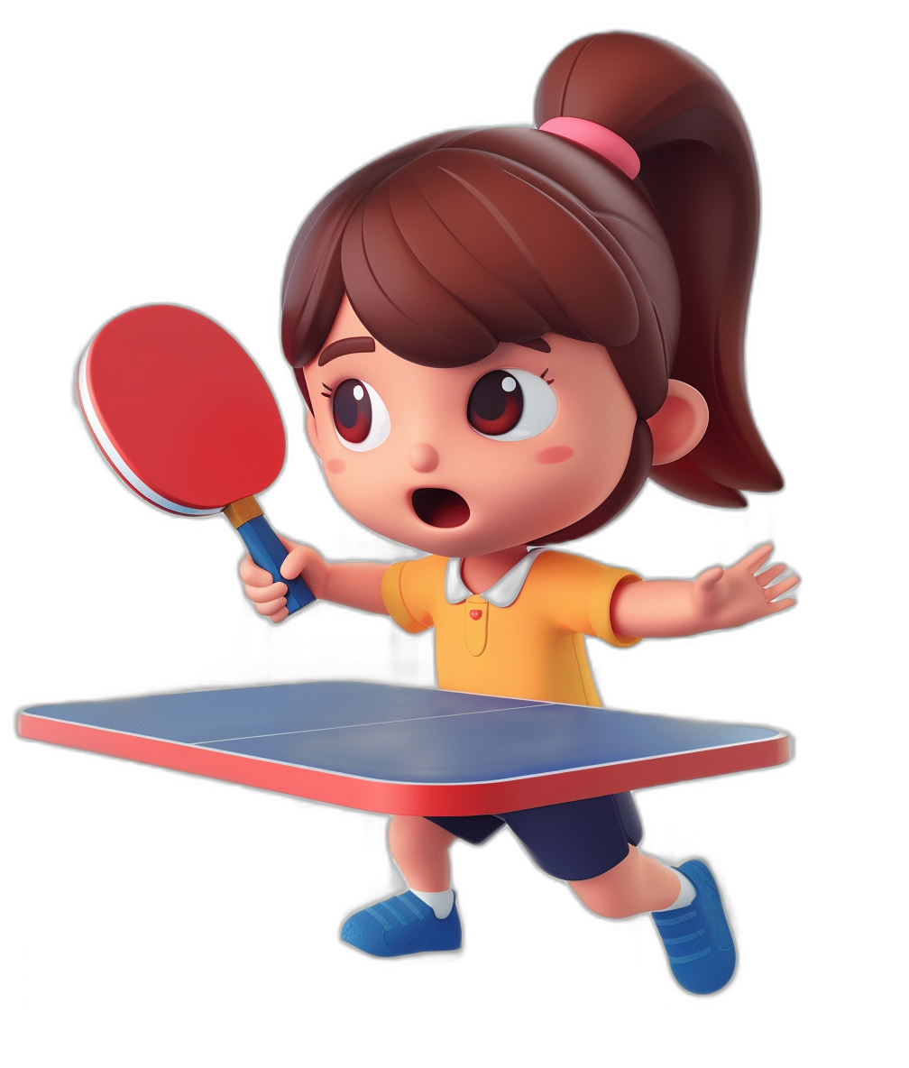 A cute little girl is playing table tennis, holding the racket in both hands and waving it towards me. Cartoon character design in the style of Pixar, solid color background, black background, high definition photography.