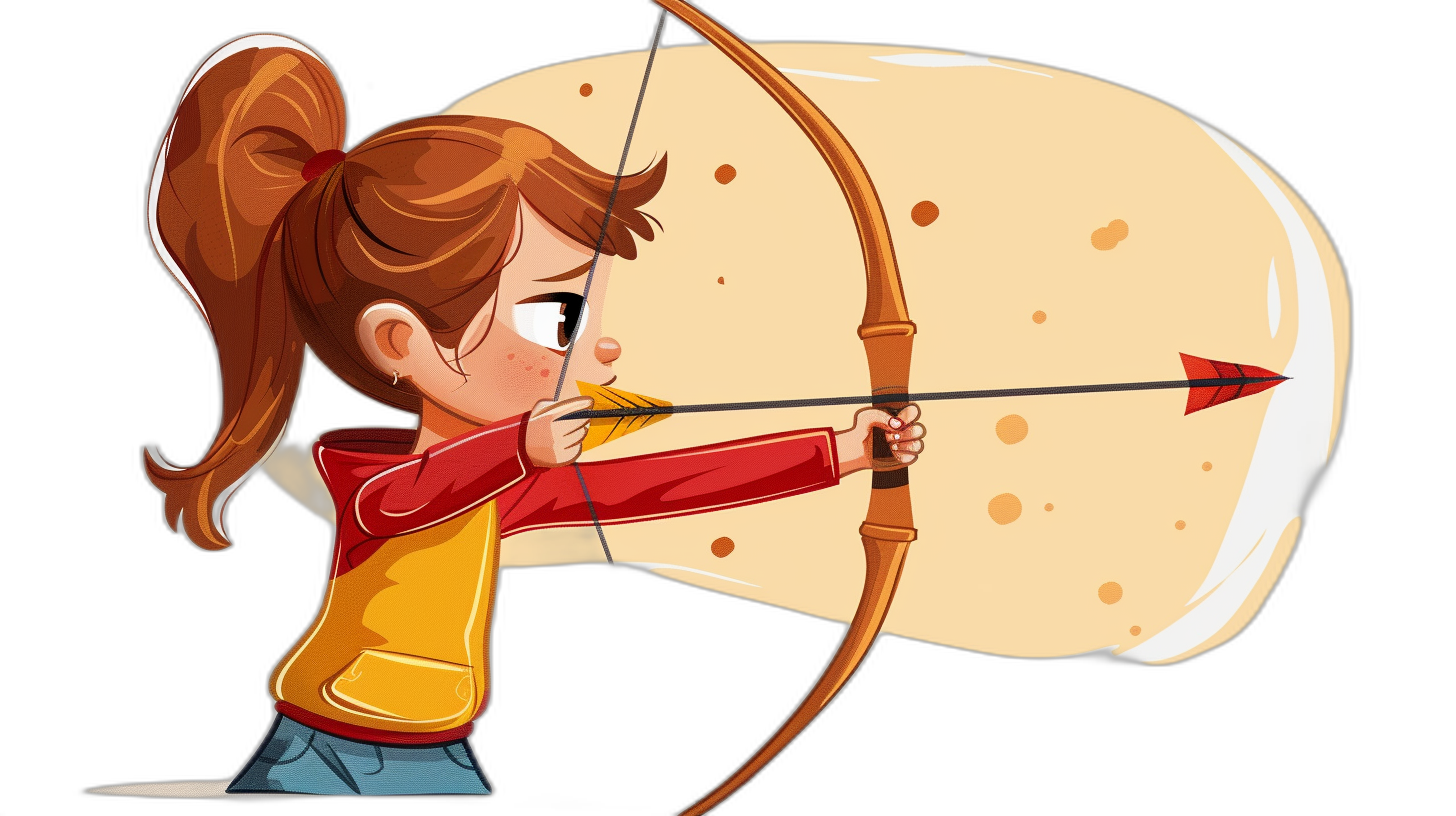 A cartoonstyle archer girl with an arrow drawn back, ready to shoot in the air. She has brown hair tied into pigtails and is wearing blue jeans and red longsleeved top. The background shows a large white target with three arrows hitting it. Cartoon style illustration with bright colors. Black background. Pixar style. Disney style. Flat design. Vector graphics. Simple shapes. Low detail.