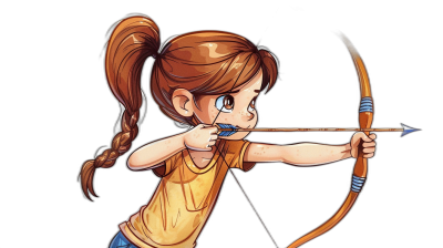 A cute little girl with brown hair in pigtails is shooting an arrow in the style of a cartoon. The simple vector art illustration features the girl on a black background, focusing on her face and upper body. She wears blue jeans and a yellow t-shirt as she takes aim with her eyes closed. The target she is shooting at can be seen behind the bow.