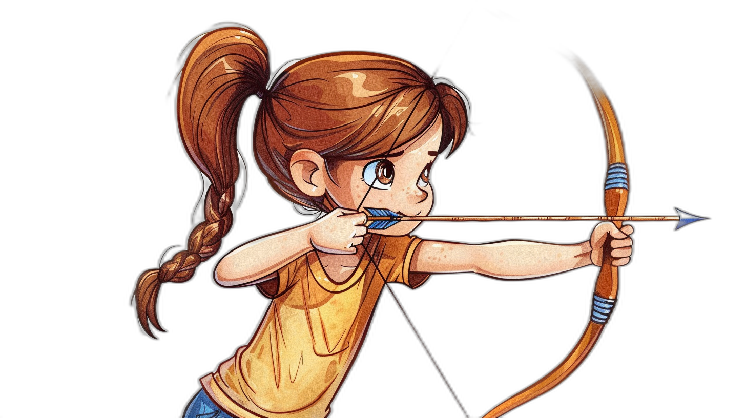 A cute little girl with brown hair in pigtails is shooting an arrow in the style of a cartoon. The simple vector art illustration features the girl on a black background, focusing on her face and upper body. She wears blue jeans and a yellow t-shirt as she takes aim with her eyes closed. The target she is shooting at can be seen behind the bow.