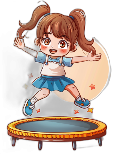 A cute little girl is jumping on the trampoline, wearing blue short sleeves and white overalls with brown pigtails in the style of Japanese anime style cartoon character design. Black background.