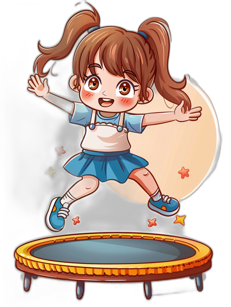 A cute little girl is jumping on the trampoline, wearing blue short sleeves and white overalls with brown pigtails in the style of Japanese anime style cartoon character design. Black background.