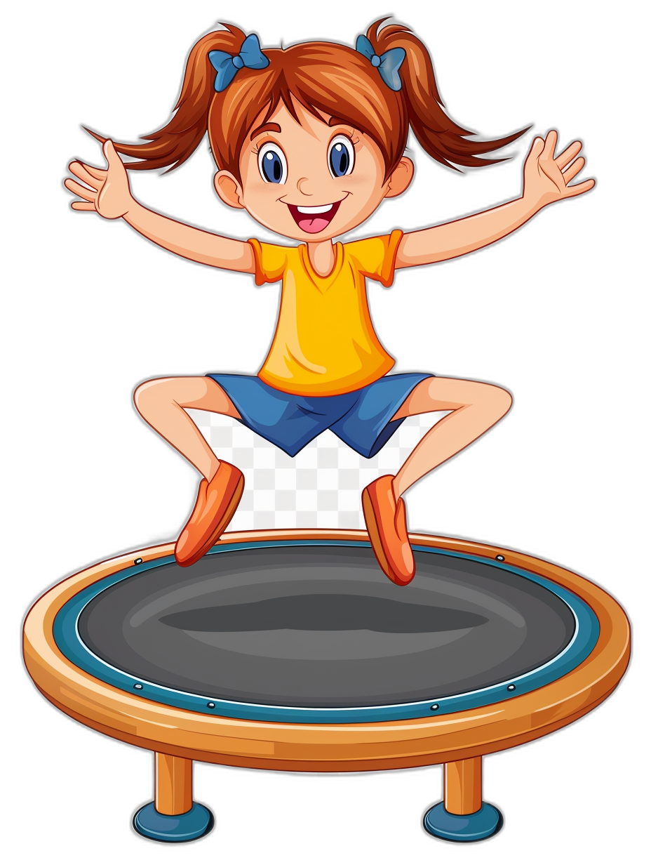 A cartoon girl jumping on a trampoline in the clip art style isolated with a black background, high resolution photo.