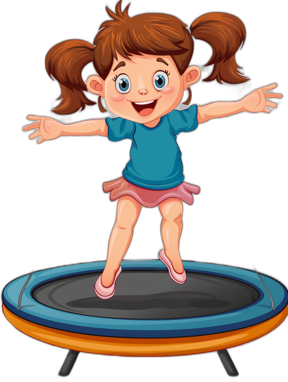 A cartoon girl jumping on the trampoline, simple flat style illustration, black background, simple lines, colorful, cute expression, happy smile, full body shot, wearing blue shortsleeved Tshirt and pink skirt. She has long brown hair with two pigtails tied in ponytails. The top of her head is slightly raised to show off her beautiful face. Her hands were spread out for balance while she was running across the trampolines. Fullbody pose. Flat design. Vector illustrations. Black solid color background.