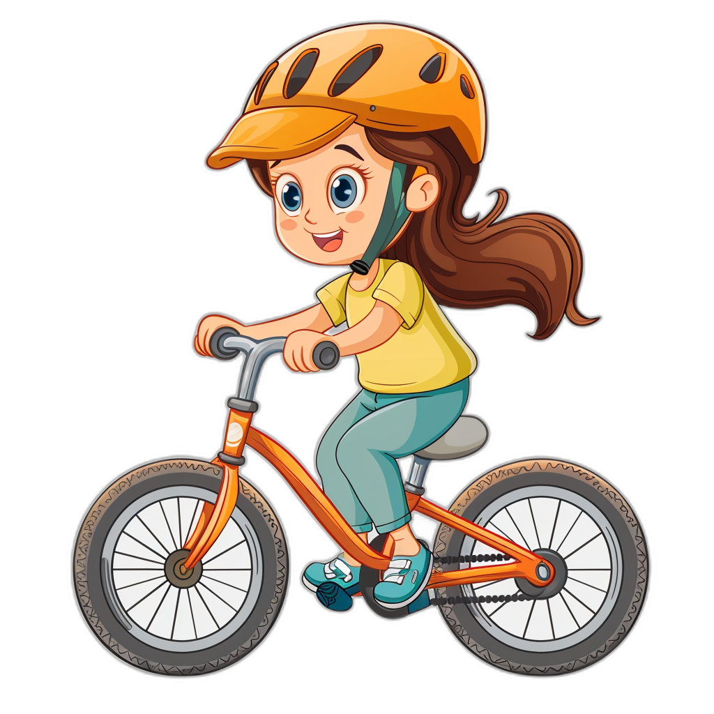 A cute girl wearing a helmet and a yellow shirt is riding an orange bicycle in the style of full body cartoon vector with a black background.