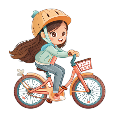 A cute girl riding an orange bike, wearing a helmet and casual  in a simple flat cartoon style vector illustration on a black background, with no shadow on the ground as a full body portrait. The character is smiling with big eyes, looking happy while riding her bicycle. She has long brown hair tied back in pigtails. Her head tilted to one side as she rides, with both hands resting gently onto the handlebar gloves. There's a small basket at the rear of the electric bike in the style of a cartoon illustration.