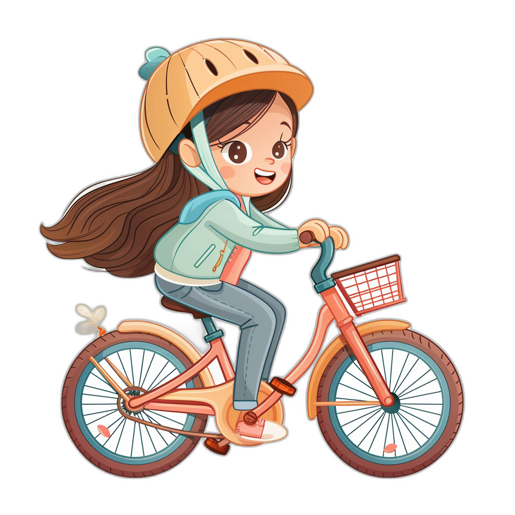 A cute girl riding an orange bike, wearing a helmet and casual  in a simple flat cartoon style vector illustration on a black background, with no shadow on the ground as a full body portrait. The character is smiling with big eyes, looking happy while riding her bicycle. She has long brown hair tied back in pigtails. Her head tilted to one side as she rides, with both hands resting gently onto the handlebar gloves. There’s a small basket at the rear of the electric bike in the style of a cartoon illustration.