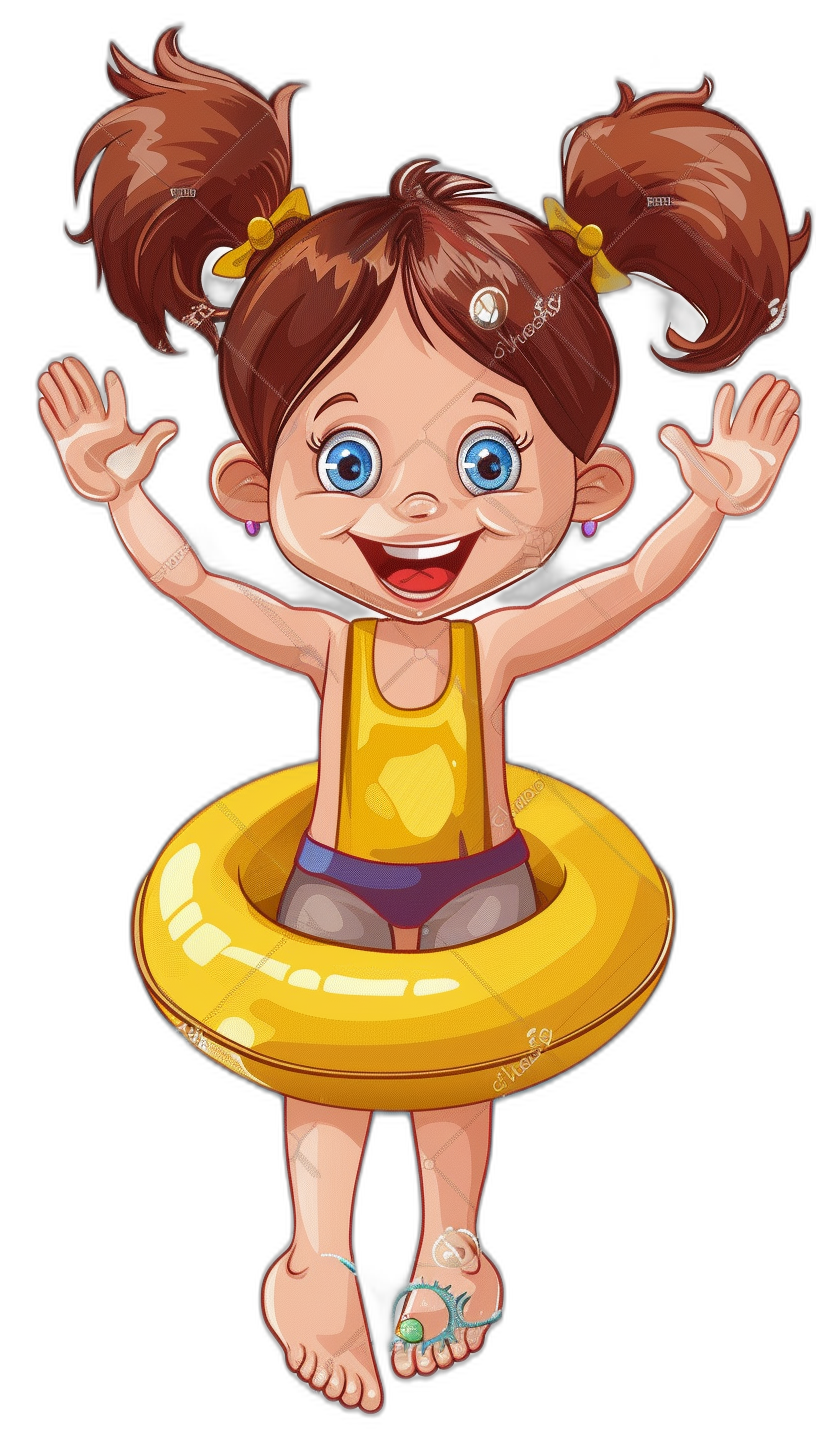 A cute happy cartoon girl with pigtails wearing a yellow swim ring standing on top of an inflatable swimming tube, in the style of clip art style isolated on a black background with high detail and high resolution.