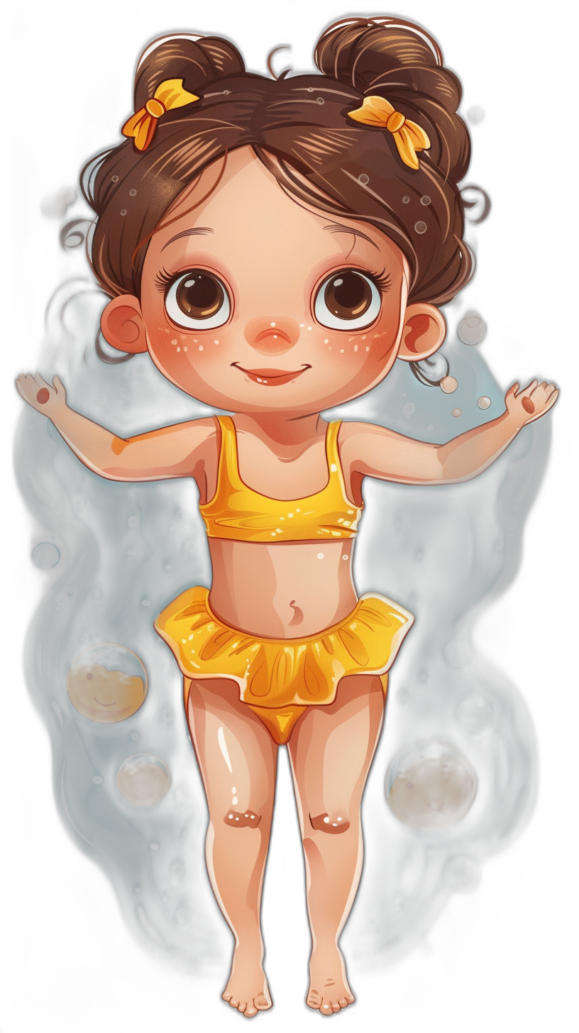 Chibi style, cute baby girl with brown hair in two pigtails wearing a yellow swimming suit, full body, floating on a black background, smoke around her hands and feet, a golden planet behind her back, big eyes, smiling face in the style of chibbi.