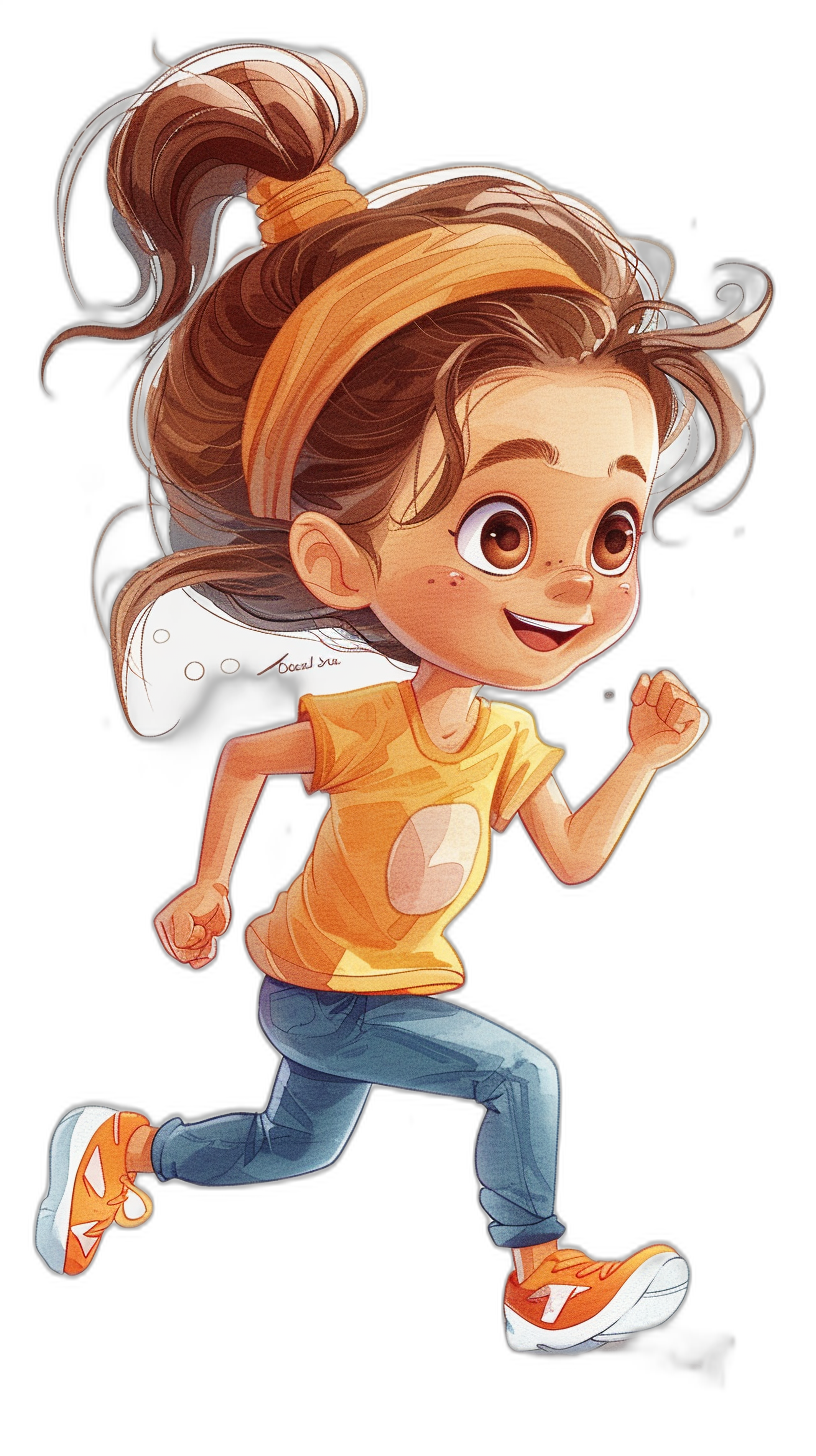 A cute little girl with brown hair in pigtails, wearing an orange t-shirt and blue jeans is running while smiling, white light on her face, in the style of a Disney cartoon character, vector art, simple black background, high resolution, 2D art, digital painting, trending colors and palette, high detail, high quality, high resolution, high definition, high dynamic range, high contrast, high sharpness, hyper realistic.