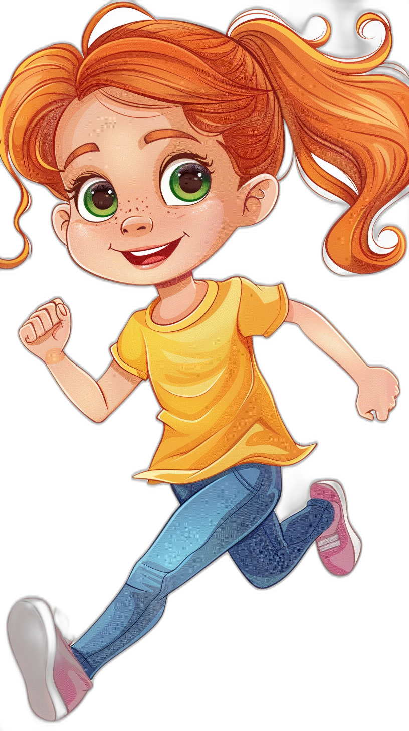 A cute cartoon of a young girl with red hair in pigtails, green eyes and a yellow t-shirt wearing blue jeans running on a black background.