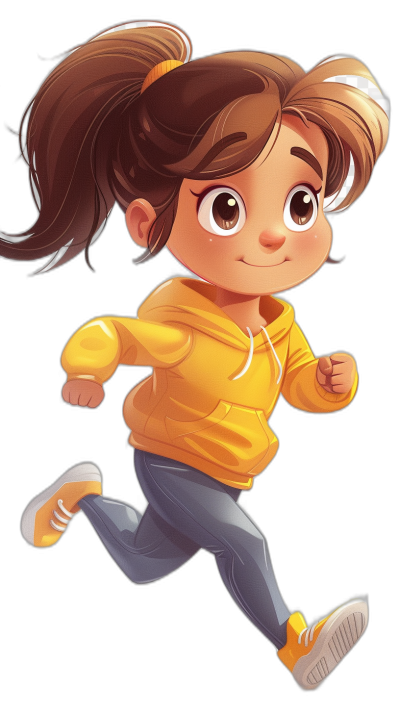 A cute little girl with big eyes and pigtails in a yellow hoodie and grey leggings is running and smiling happily in the style of a chibi character art for a mobile game against a black background with brown hair.