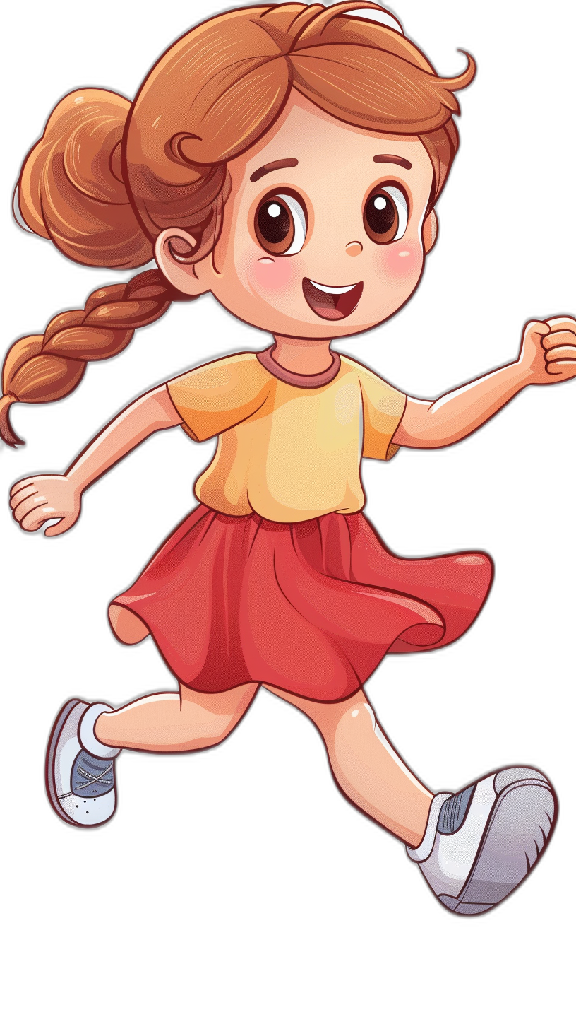 Cute cartoon girl running with a happy expression. She wears a red skirt and yellow T-shirt with brown hair in a braided style on her head. White sneakers and a black background. Simple lines and bright colors in the style of a cartoon. A full body portrait with high saturation.