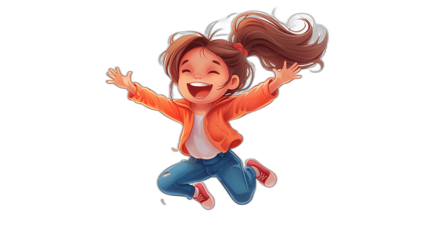 Cute cartoon girl jumping, smiling and laughing, wearing jeans and orange jacket, black background, high quality, high detail, professional illustration, high resolution