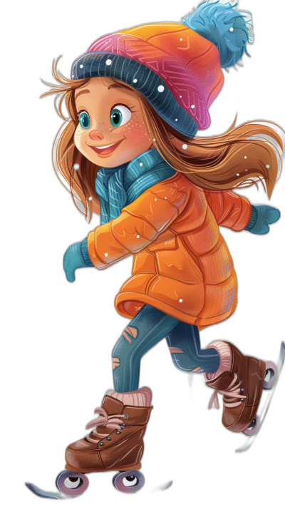 A cute little girl is skating, wearing winter  and a hat with bright colors. She has long hair and big eyes, dressed in a fashionable down jacket and ice skates on her feet. The background of the illustration is black. Cartoon style, colorful, with detailed facial features, a full body portrait, with a black background. High resolution, bright colors, in the style of a cartoon character design, high quality. Pixar style.