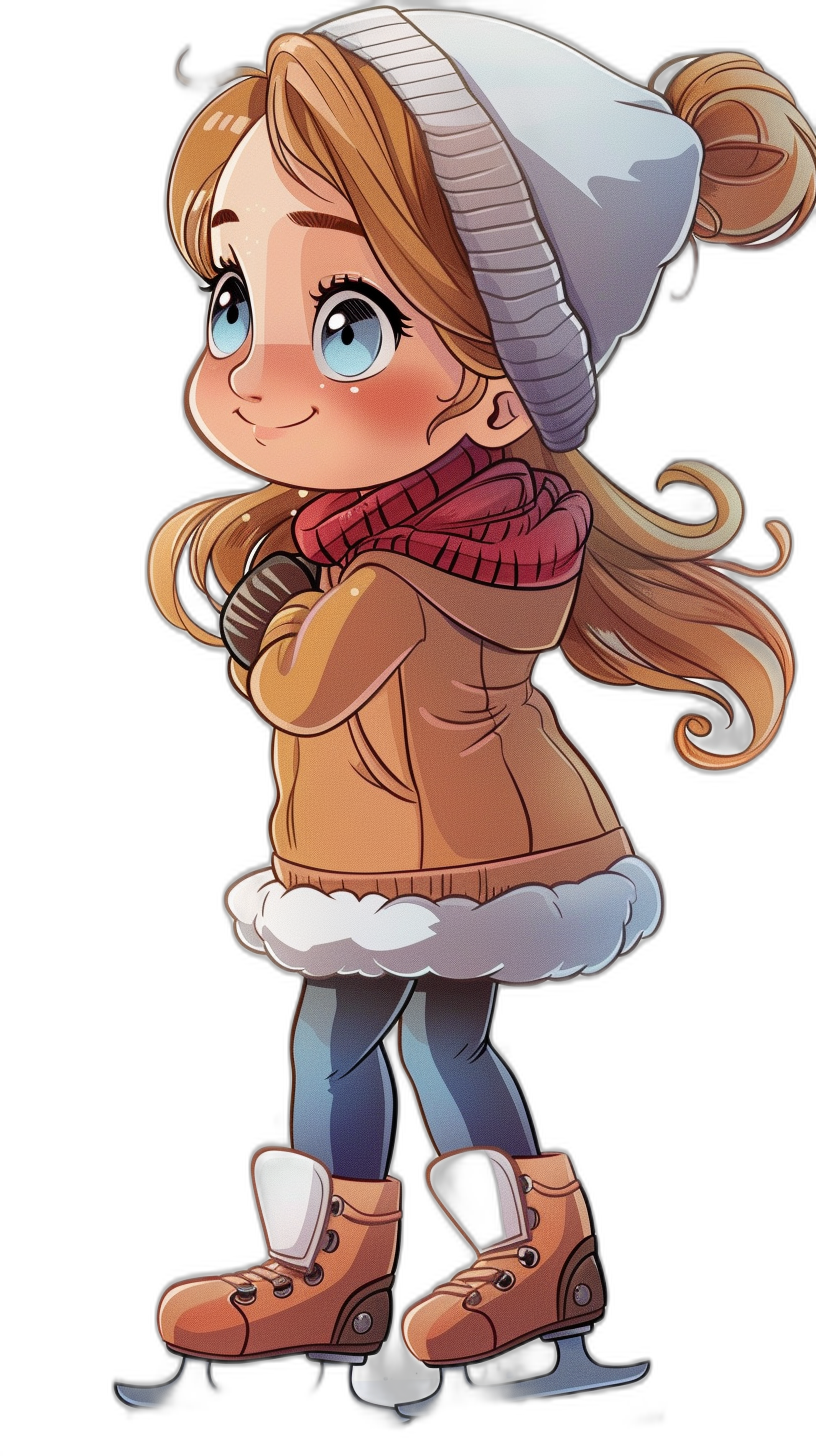 A cute little girl ice skating, wearing brown down jacket and white hat with red scarf around her neck, blue eyes, long hair tied in ponytail style, simple chibi character design, black background, full body portrait, wearing boots on feet, cute cartoon anime style, warm colors, super detailed, high resolution