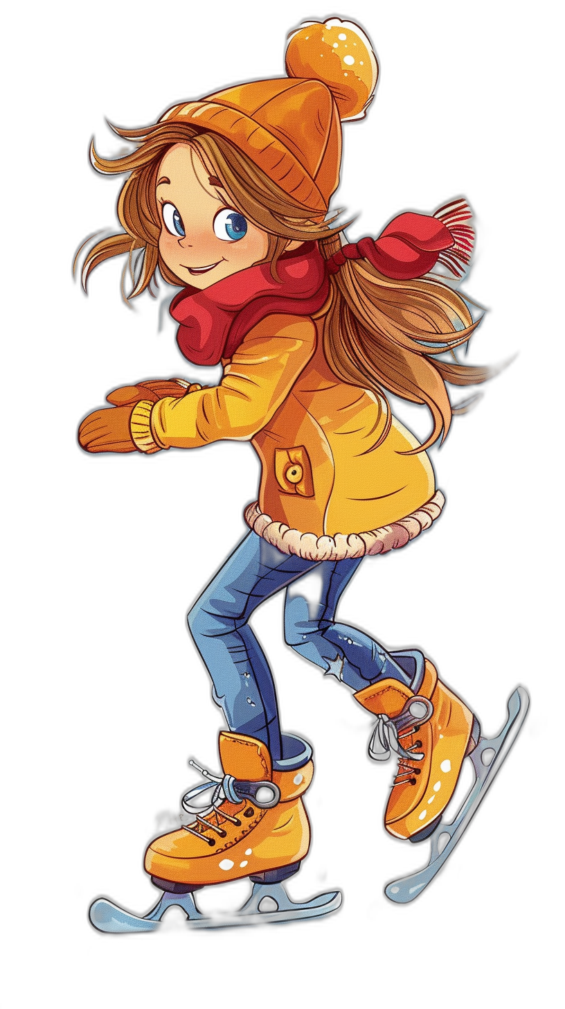 A cute girl skating on ice in a cartoon style with simple lines and solid colors against a black background. A full body portrait shows her wearing yellow boots, an orange hat, a red scarf, and blue jeans. Her long hair flutters in the wind as she wears a happy expression. Colorful lights shine around her in the style of an illustration.