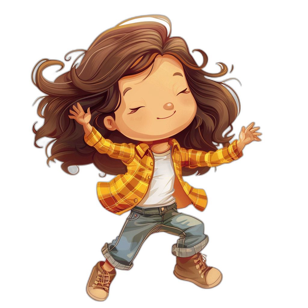 chibi style, happy girl with long brown hair in an orange plaid shirt and jeans dancing on black background