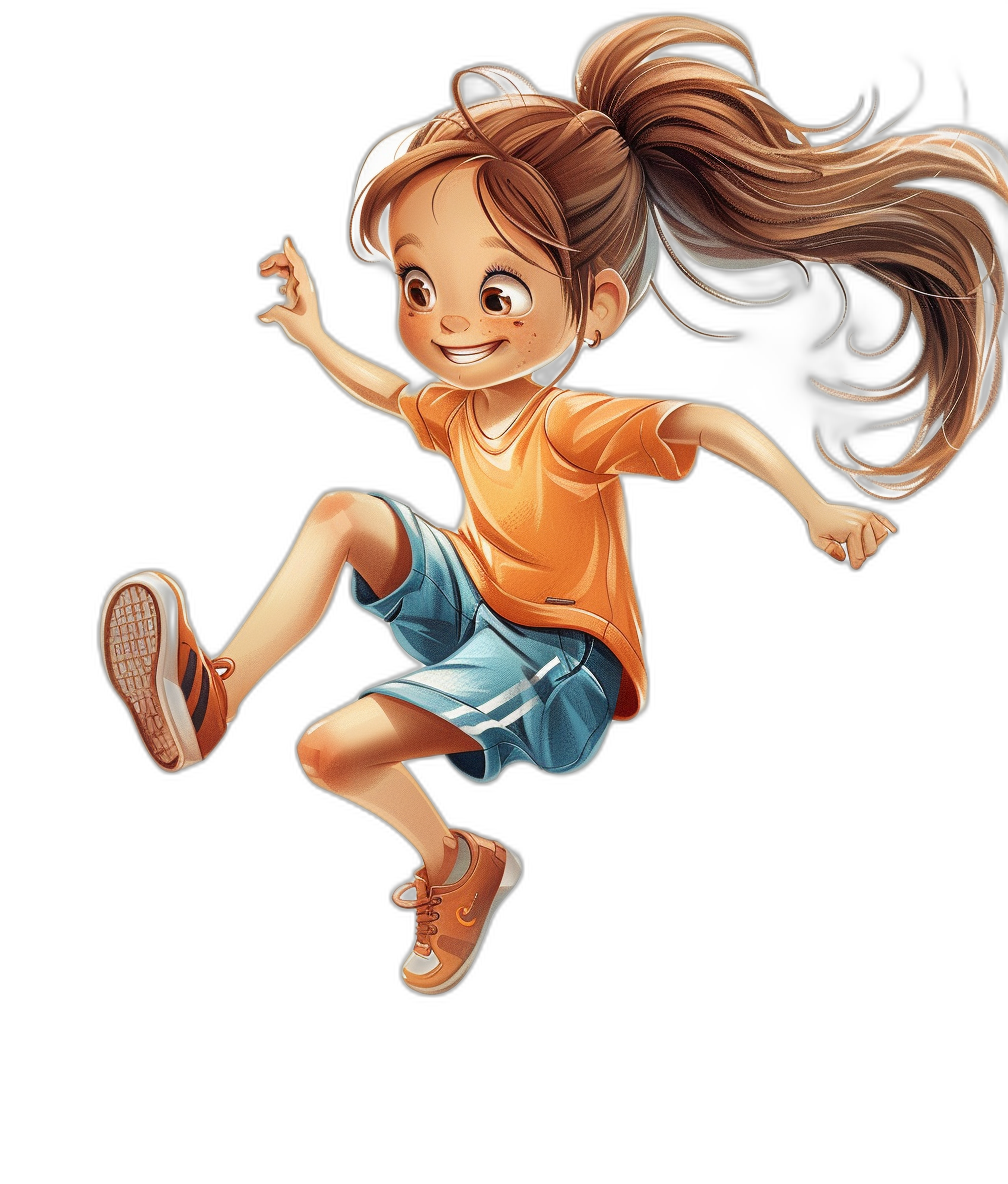 A cartoon illustration of a smiling girl with pigtails in an orange shirt and blue shorts, jumping up on a black background, in the style of [Lilia Alvarado](https://goo.gl/search?artist%20Lilia%20Alvarado), in the style of [Jasmine Becket-Griffith](https://goo.gl/search?artist%20Jasmine%20Becket-Griffith) character.