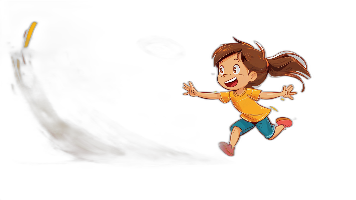 A cartoon girl is running through the air, with her arms outstretched and smiling happily on a black background. She wears a yellow short-sleeved shirt and blue shorts, with long brown hair tied behind her head. The motion blur effect creates an energetic atmosphere in the style of the characters.