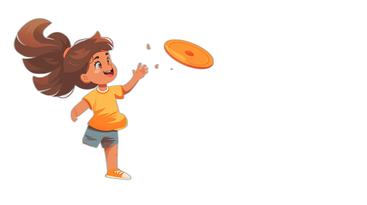 A cute little girl is playing frisbee. A simple flat style illustration with a black background in the style of a cartoon character design. A 2D game art style with high resolution, colorful animation stills using bold and vibrant colors with high details and high quality.