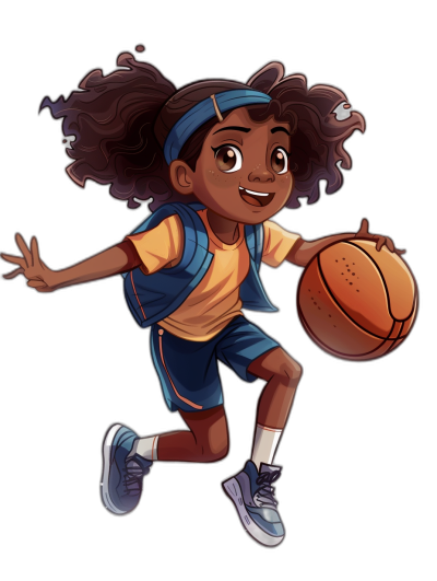 A cute young girl basketball player in the style of cartoon, vector art, simple, full body, black background, character design for children's book illustration, wearing a blue and yellow uniform with white socks, playing in the game, holding a ball ready to shoot, her hair is curly long pigtails, she has a dark brown skin color, wearing a headband, wearing sneakers, flat color, simple detail, simple outline.