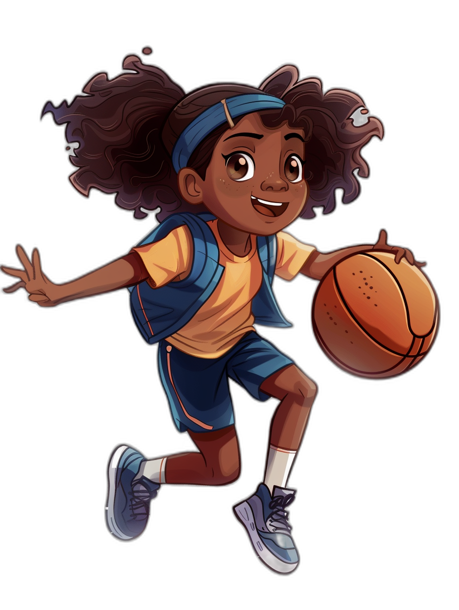 A cute young girl basketball player in the style of cartoon, vector art, simple, full body, black background, character design for children’s book illustration, wearing a blue and yellow uniform with white socks, playing in the game, holding a ball ready to shoot, her hair is curly long pigtails, she has a dark brown skin color, wearing a headband, wearing sneakers, flat color, simple detail, simple outline.