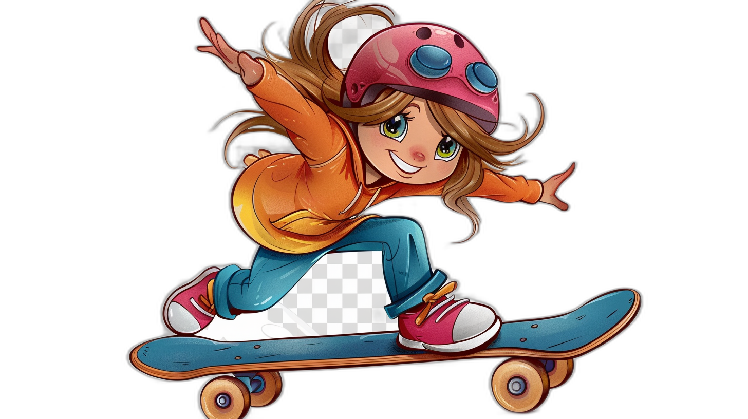 A cartoon girl is skateboarding, wearing a helmet and sneakers. The simple stroke style is on a black background in the style of Qversion manga. Her colorful  and happy expression show her cool posture at a high definition resolution.