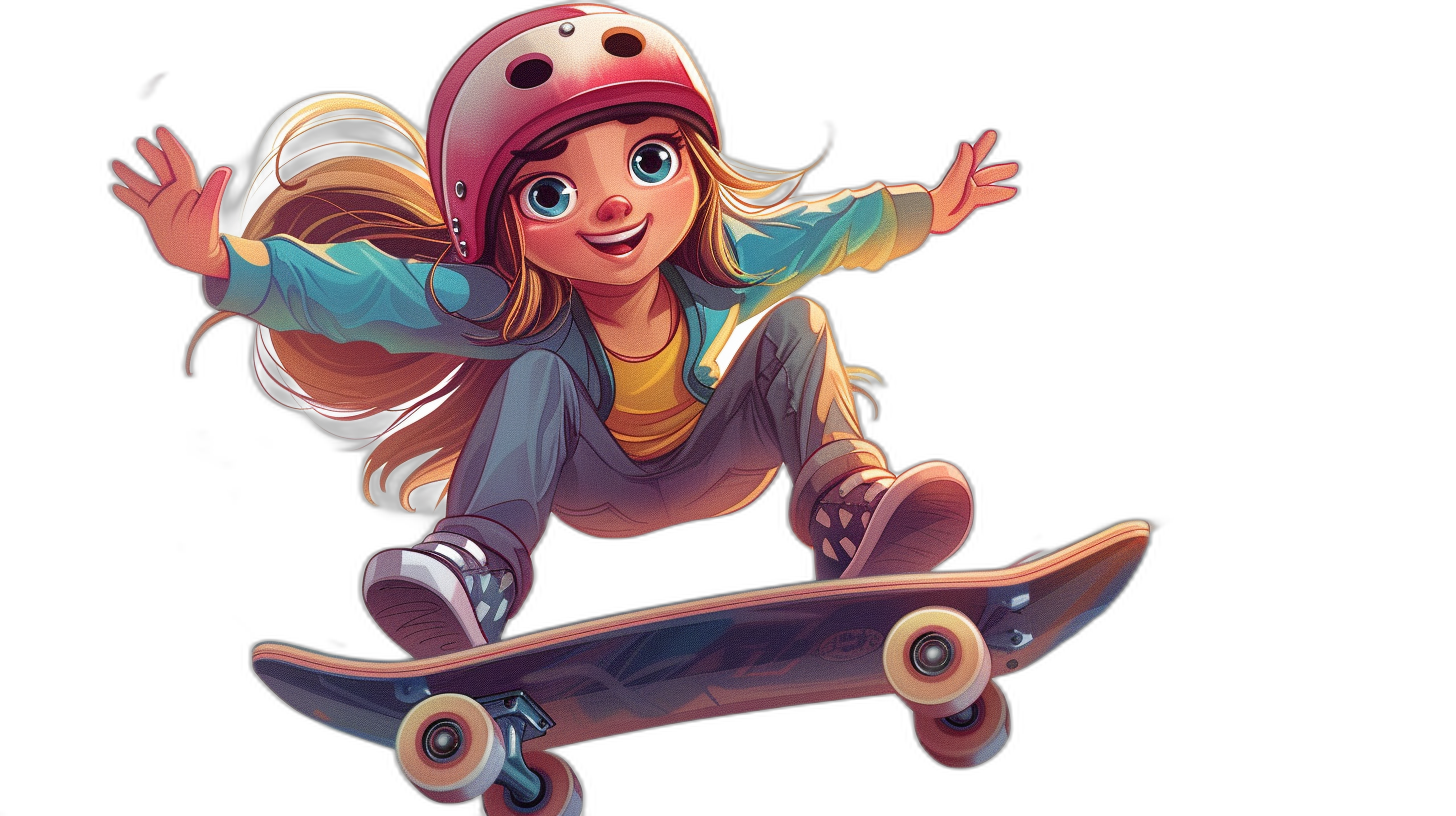 A cute girl is riding on her skateboard, wearing a helmet and with long hair in the style of cartoon. It is a full body portrait against a black background with a 2D game art style reminiscent of Disney Pixar animation. She has a cute expression in high resolution, high detail, and high quality. It uses colorful colors in a colorful illustration and colorful drawing with a simple cartoon design, painting, and sketch. The lines are simple and it is full of energy and vitality.