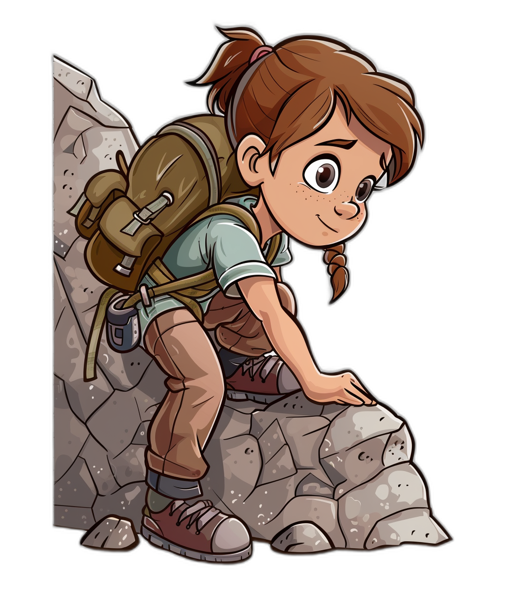 a cartoon girl with brown hair in pigtails climbing rocks wearing hiking boots and backpack, clip art style, vector art, flat design, simple, clean black background, high contrast, professional tshirt design, no mockup, detail, no text on the edges of artwork