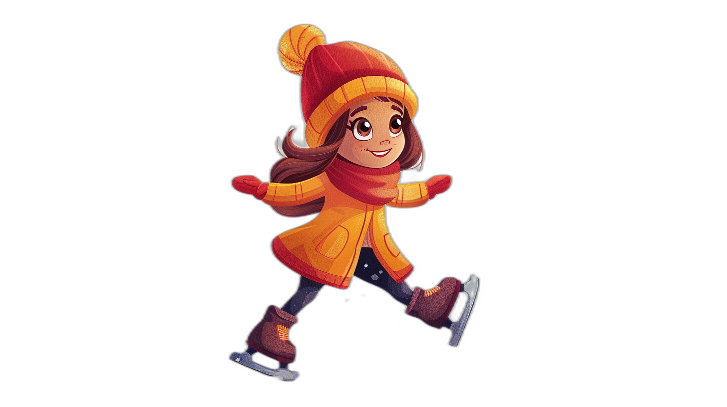 A cute girl ice skating, wearing an orange coat and hat, in the style of cartoon, simple flat illustration with a black background, colorful animation stills, vibrant caricatures, in the style of Disney animation, bold lines, full body shot