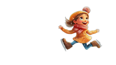 Cute girl jumping in winter on black background, in the style of cartoon, 2d animation, in the style of Pixar, cute and happy facial expression, high resolution, high quality