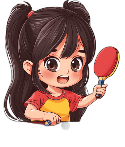 A cute little girl is playing table tennis in a cartoon style with a black background and simple line, vector illustration of a chibi character. She has long hair and bangs tied into two ponytails with brown eyes wearing a red dress and yellow shirt holding the red and white baton, with a happy expression on her face in the style of a cartoon character and game avatar in the Pixar Disney style.